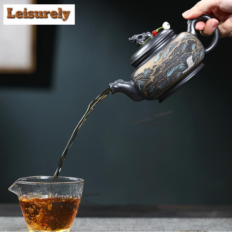 410 мл Ретро Исинские Чайники из Фиолетовой Глины Ручной Работы Чайник с Пейзажем Глина из Сырой Руды Камень Желтая Глина Чайник с Инфузором Китайский Чайный Набор Цзыша