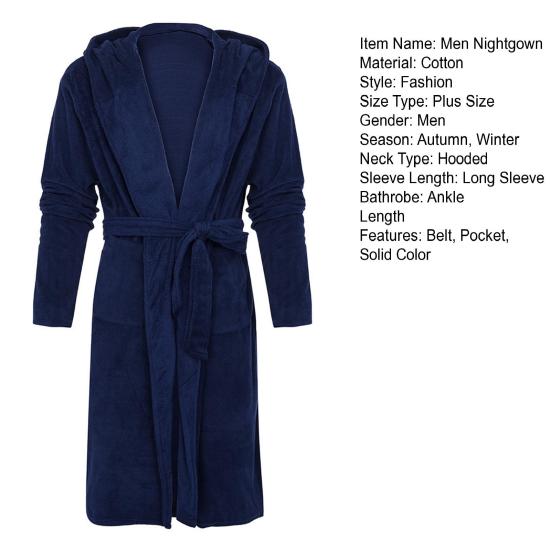 Long Sleeve Pocket Belt Solid Color Men Bathrobe Winter Warm Hooded Long Fleece