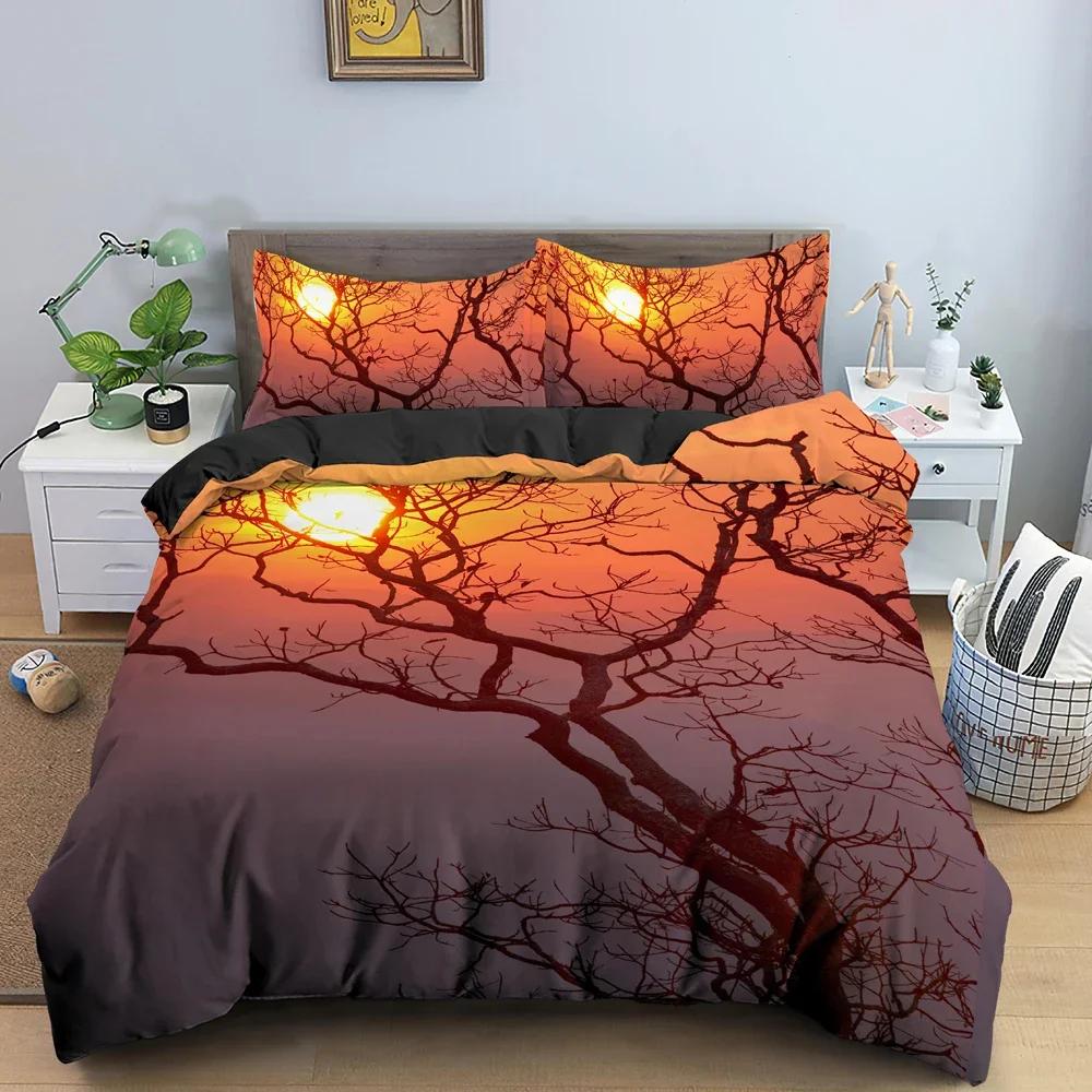 3D Landscape Tree Silhouette Against Sunset Sky Bedding Set Single Twin Double Queen King Cal King Size Bed Linen Set