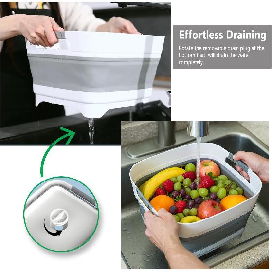 2.9 Gal(11L) Collapsible Wash Basin With Drain Plug, Space Saving Multiuse Foldable Sink Tub,Dishpan,RV Camping Sink,Vegetable Washing Basin,Ice
