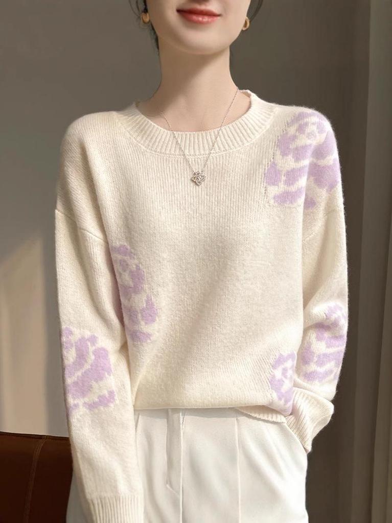 Women's French Style Round Neck Jacquard Wool Sweater - Loose Autumn/Winter Knit Pullover