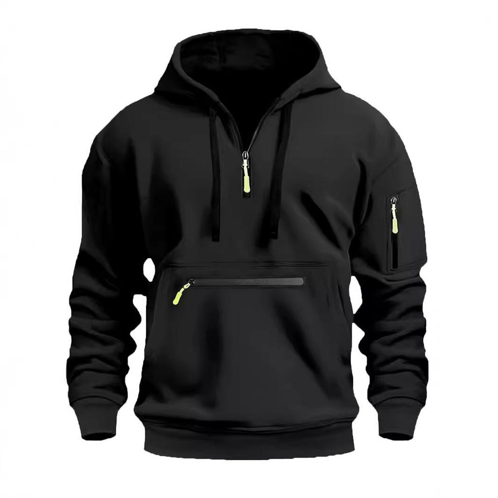 Men's Fleece-Lined Hooded Sweatshirt with Zipper and Multi-Pocket Design for Autumn/Winter Casual Sports Fashion