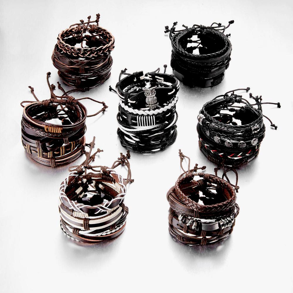 Vintage Multilayer Braided Leather Bracelet For Men Star Leaf Owl Handmade Rope Wrap Bangle Male Gift Jewelry