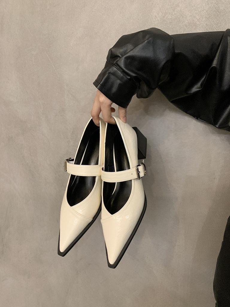 Туфли-лодочки с острым носом и неглубоким вырезом, женские, на среднем каблуке, новые 2024 года, с французским вечерним темпераментом, с ретро толстым каблуком, туфли Мэри Джейн