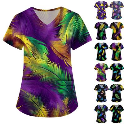 Женская симпатичная принтованная рабочая одежда с V-образным вырезом, двухслойными карманами, базовым коротким рукавом, пуловером