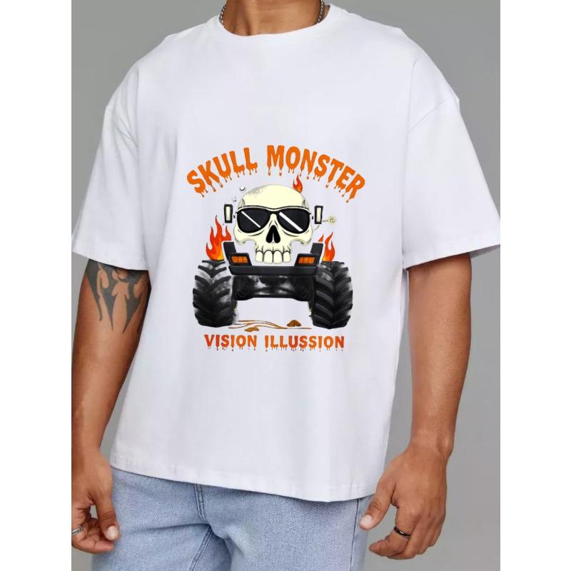 Skull Monster Vision Illusion Graphic T Shirt White Skull with Sunglasses and Flames Design for Casual Wear