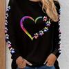 Round Neck T-shirt with Heart and Paw Print Pattern, Casual Long-sleeved T-shirt for Spring and Autumn, Women's Clothing, Valentine's Day