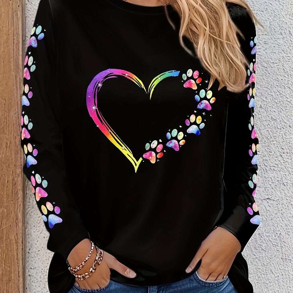 Round Neck T-shirt with Heart and Paw Print Pattern, Casual Long-sleeved T-shirt for Spring and Autumn, Women's Clothing, Valentine's Day