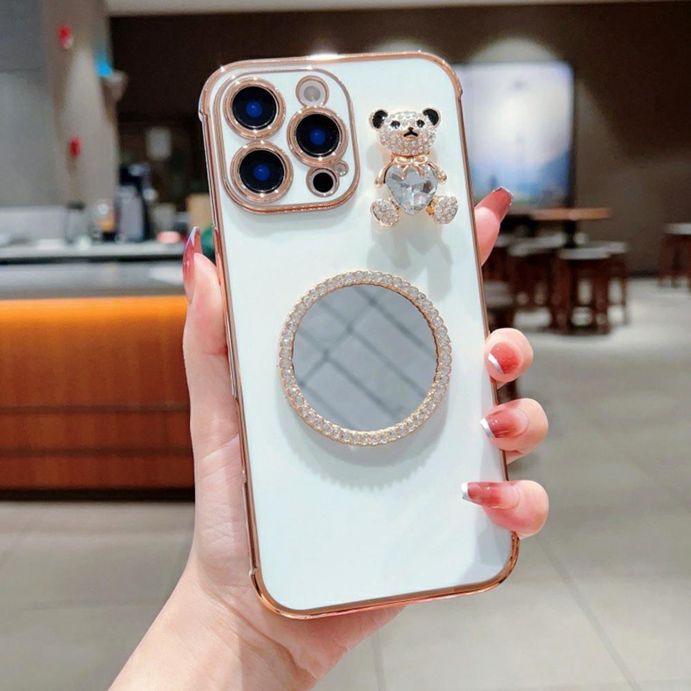 Чехол для iPhone 16 Pro с рисунком сердечек, гальванизированный ТПУ чехол для телефона с маленьким мишкой и зеркалом