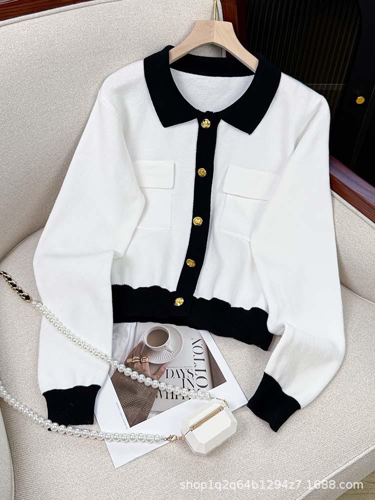 2026 Spring/Autumn French-Style Knit Cardigan, Color Block Sweater with Metal Buckle