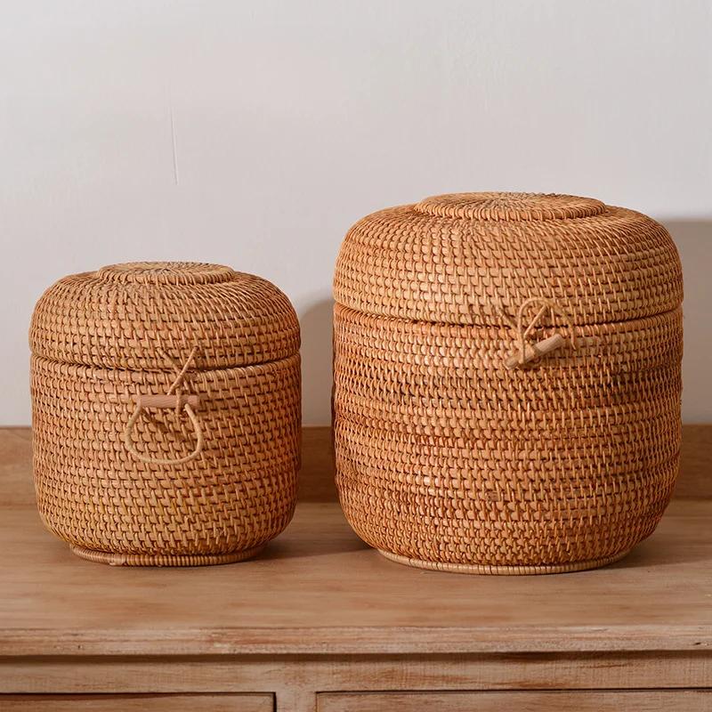 Handwoven Rattan Storage Box with Lid Tea Food Container Kongfu Tea Set Bread Fruit Basket with Lid Puer Tea Bag Organizer
