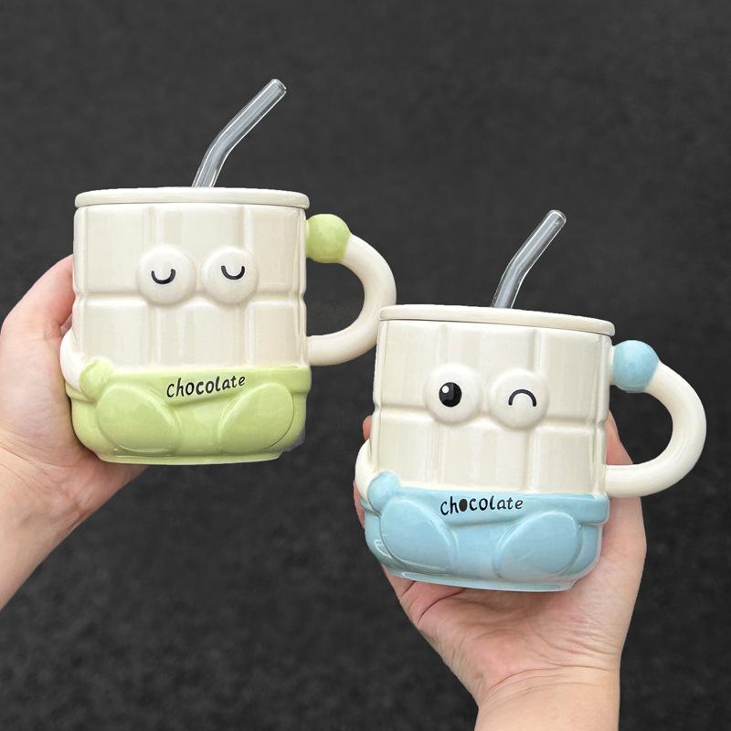 High-value Cartoon Straw Cup Cute Ceramic Mug with Lid for Girls' Girlfriend's Birthday Gift Souvenir