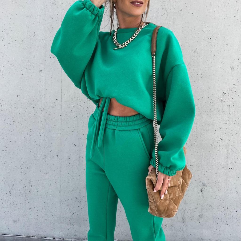 Женский однотонный костюм с длинным рукавом и круглым вырезом, свободный топ, широкие брюки, осень-зима