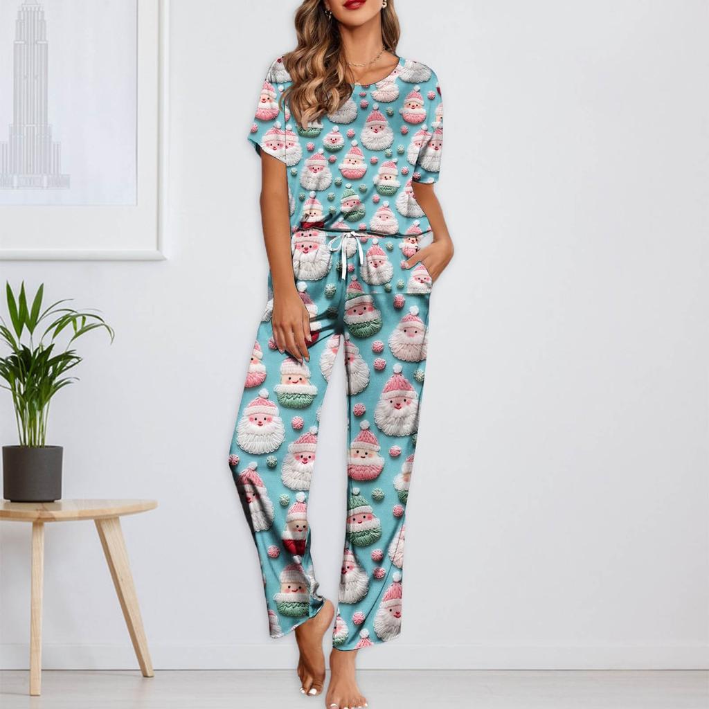 Женский шелковый атласный пижамный комплект с рождественским принтом, рубашка с коротким рукавом и длинные пижамные штаны, мягкая домашняя одежда