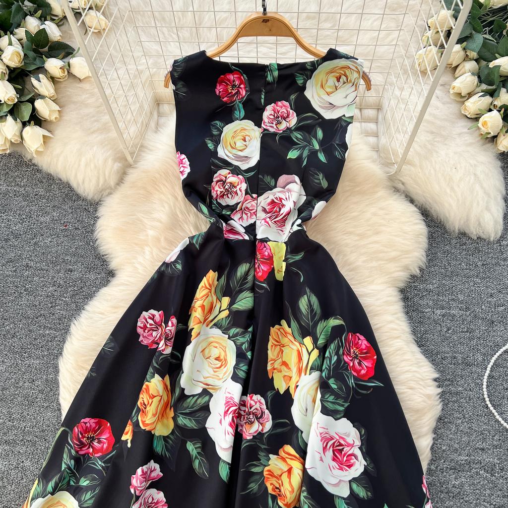 Летние женские элегантные V-образные вырезы без рукавов с цветочным принтом длинные миди-майки вечерние платья