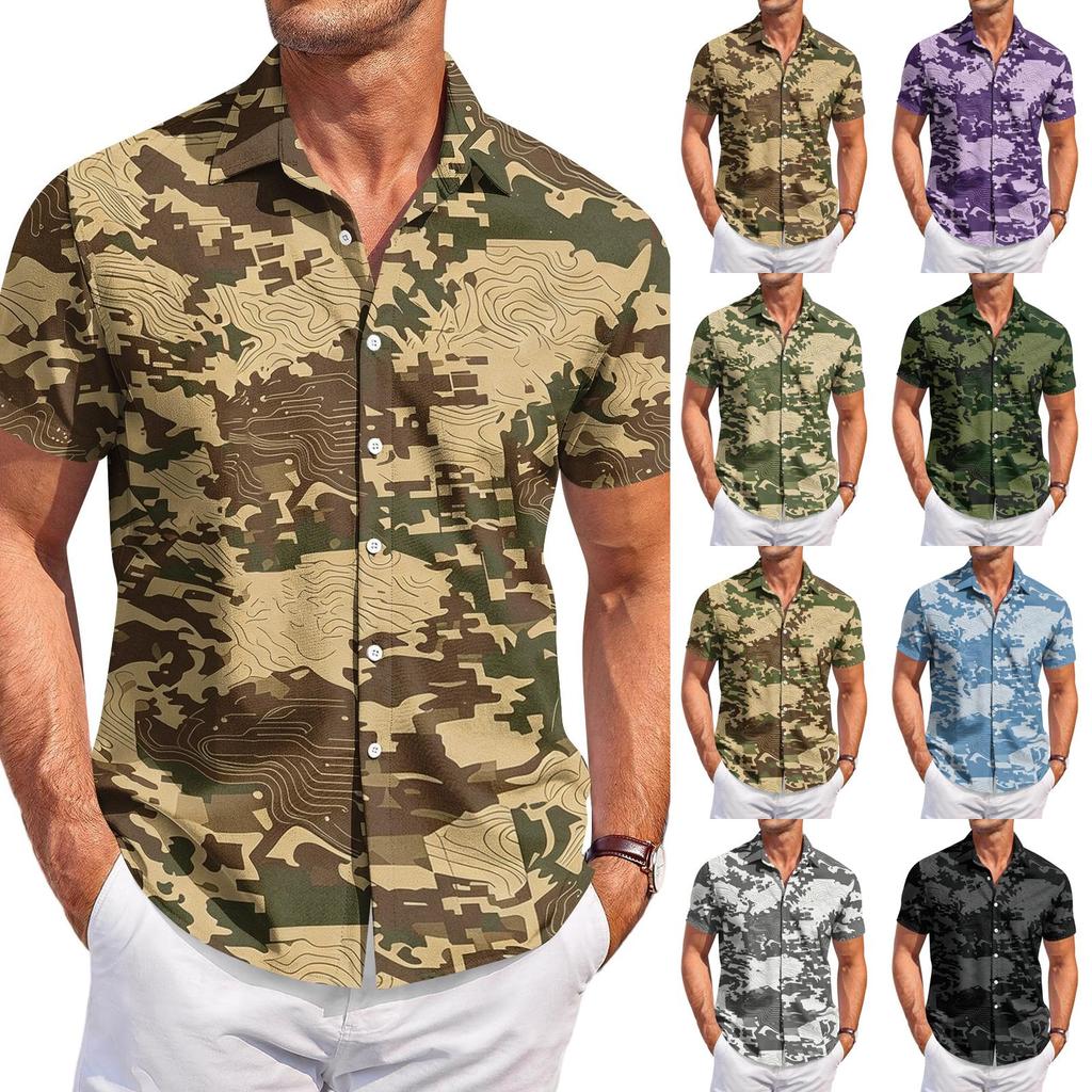 Men's Casual Short Sleeve Button Down Shirt Lightweight Breathable Fabric Regular Fit Summer Top with Camouflage Print Design