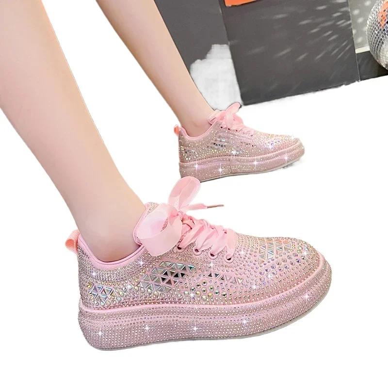 SyfIyno New Lolita Platform Shoes Woman Autumn Silver Black Rhinestones Thick-soled Shining Crystal Sneakers Trend Casual Shoes
