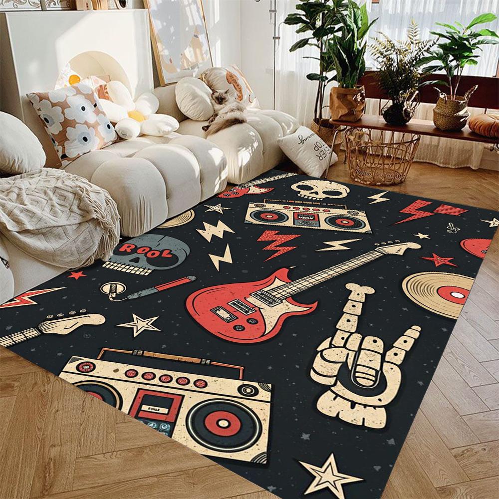 Guitar-Themed Carpet for Living Room Bedrooms Large Flannel Area Rug for Drum Kit Room Anti-slip Floor Mat Washable