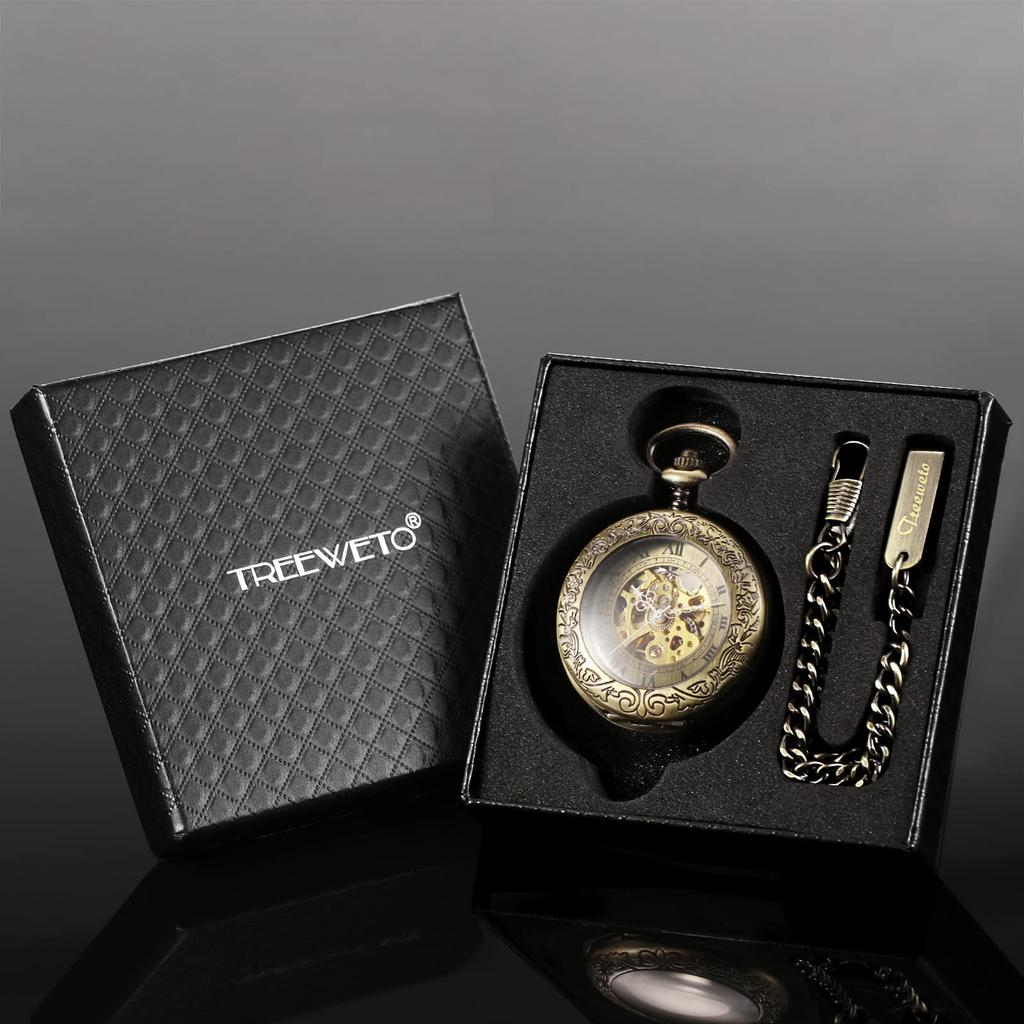 TREEWETO Автоматические механические карманные часы Half Hunter Case Стимпанк Скелетонизированный циферблат Мужчины Женщины Дамы