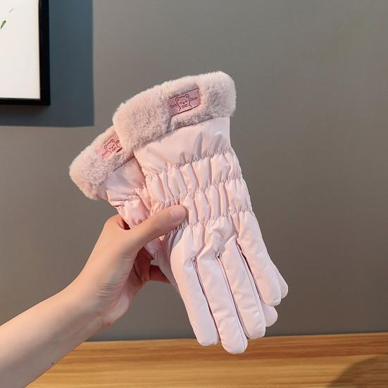 1 Pair Women Winter Gloves Windproof Thick Warm Cartoon Bear Decor Touch Screen Anti-slip Soft Cold-proof Elastic Wrist Cycling Riding Skiing Gloves