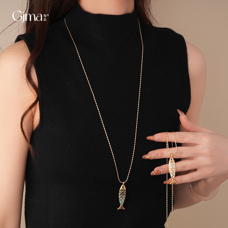 Новый китайский подвеска-рыбка из нержавеющей стали для капель масла, цепочка для свитера, нишевое ожерелье, простая и персонализированная декорация предмета