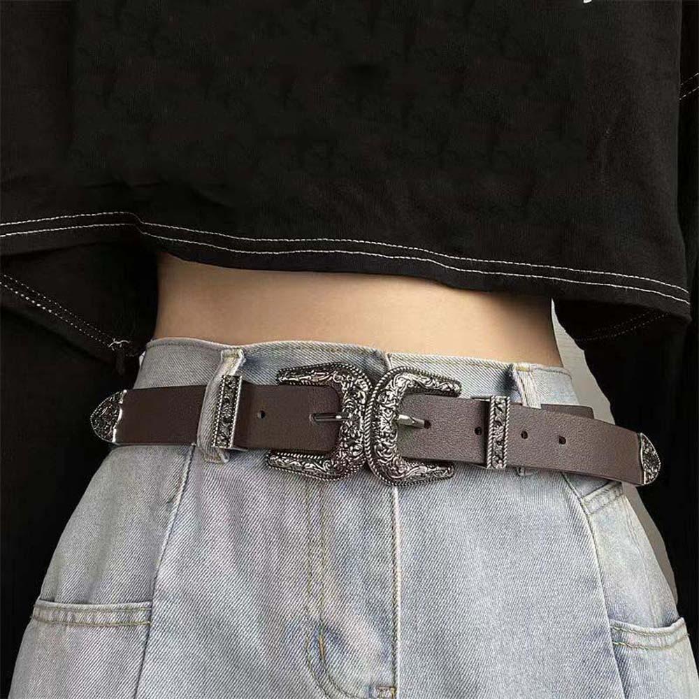 Cool Carved Buckle Belt American Style PU Vintage Waistband Fashion Double Buckle Waist Belt Party