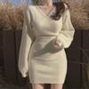 Korean Chic V-Neck Knitted Sweater Dress: Sexy Cross-Detail Hip Skirt for Spring & Autumn