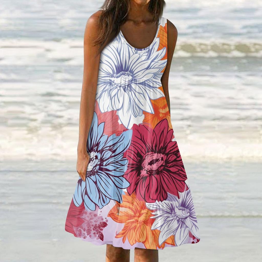 Женские платья-жилеты Лето-весна Плиссированные богемные платья Симпатичные струящиеся пляжные платья без рукавов Прямая футболка Платья-майки Платья с круглым вырезом