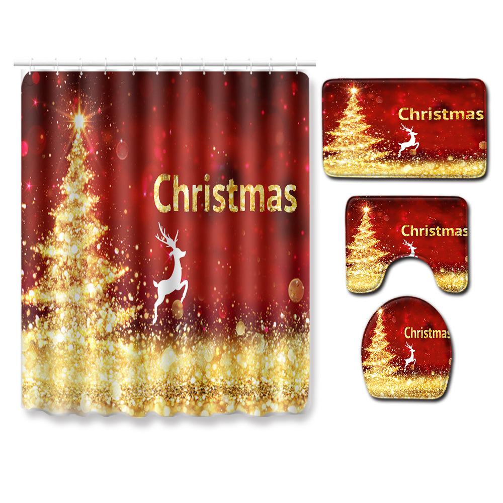 Christmas Bathroom Shower Curtain Toilet Floor Mat Four-Piece Bathroom Non-Slip Door Mat Kitchen Bedroom Absorbent Carpet