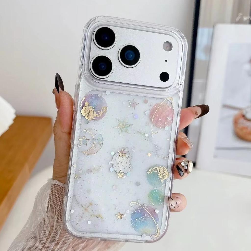 Прозрачный Глиттерный Градиентный Чехол Планета Звезда Для iPhone 17 Air 16 15 14 13 12 11 Pro Max Plus Ударопрочный Блестящий Лунный Прозрачный Чехол
