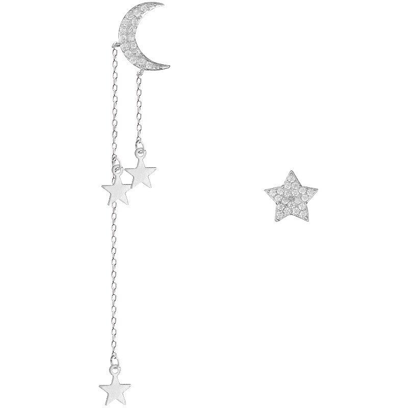 925 Sterling Silver Asymmetry Star Moon Drop Earring For Women Brincos Pendientes Femme Earrings Jewelry Eh384