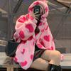 Harajuku Heart-shaped Print Plush Jacket Women Winter Long Sleeve Hooded Coat Thick Warm Couple Streetwear