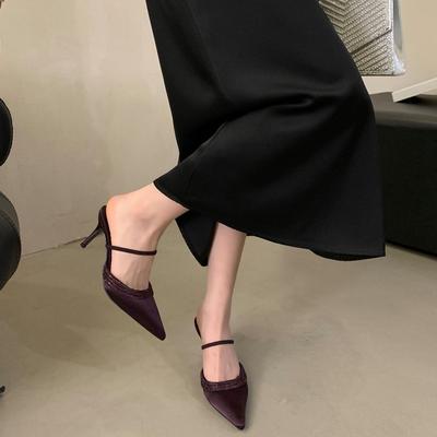 Осень и зима новые остроносые туфли на тонком каблуке на высоком каблуке с открытой пяткой, с атласными сандалиями, полусандалии женские