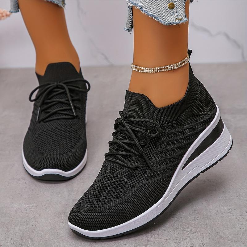 Pair of Women'S Low-Top Sneakers - Breathable Knit Fabric Upper, White & Gray Accents, Lace-Up Casual Shoes with Cushioned PVC Sole for All-Season