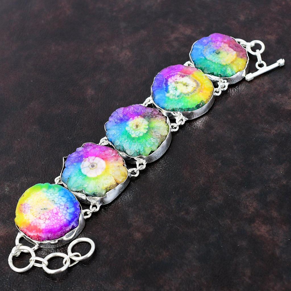 Радужный солнечный кварцевый браслет-друзи, ювелирные изделия ручной работы из драгоценных камней, браслет из стерлингового серебра 925 пробы, регулируемый браслет-цепочка, подарок на помолвку для нее