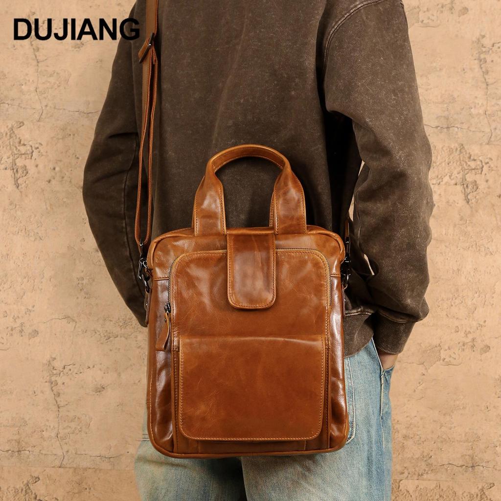 Genuine Leather Crossbody Messenger Bag - Men's Large Capacity Retro Vertical Handbag for Casual or Commute Use.