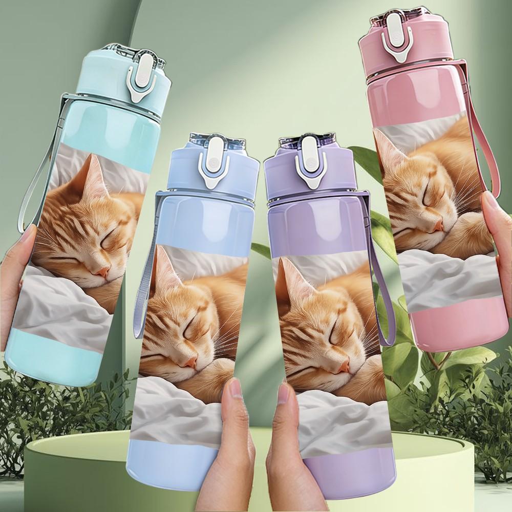 1PC Sleeping Cat Cozy Animal Print 750ml Color Plastic Sports Water Bottle Leakproof Flip Straw Lid Suitable for Sports Office Home Use