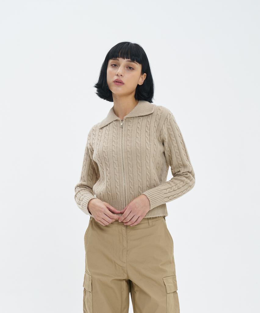 BLOND9 Fluffy Cable Knit Zip-Up_Sand