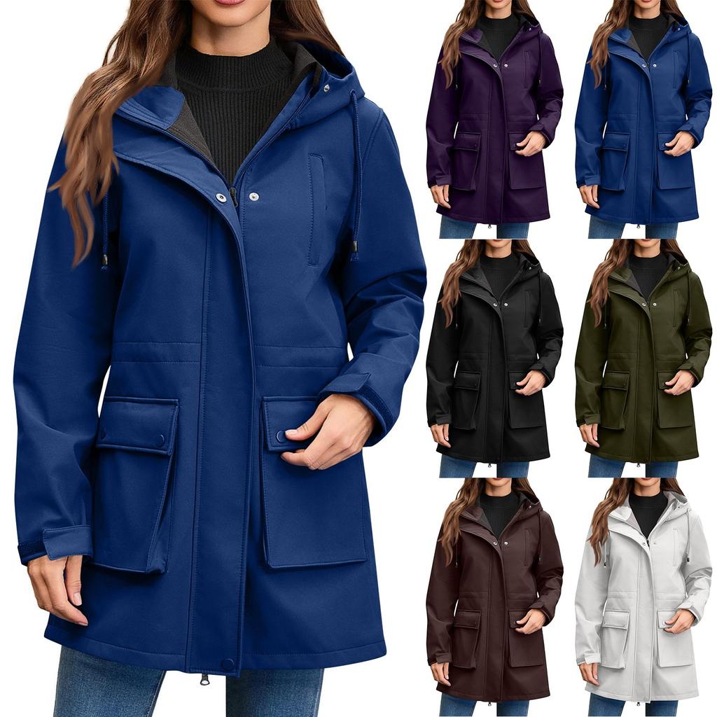 Women Solid Stripe Rain Jacket Outdoor Plus Waterproof Hooded Raincoat Windproof