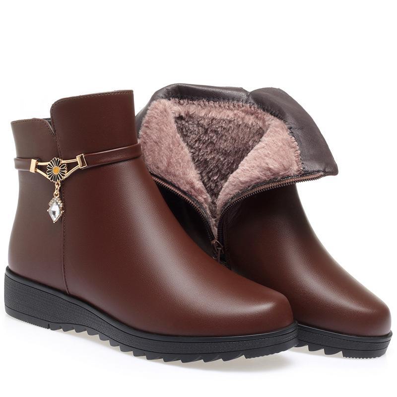 «Женские нескользящие кожаные ботинки на среднем каблуке — осенне-зимняя коллекция с бархатной подкладкой для людей среднего и пожилого возраста»