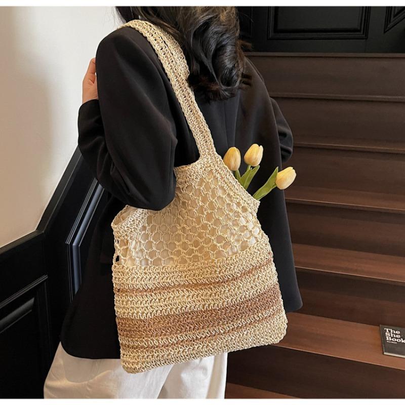 Плетеная вручную повседневная сумка большой вместимости для пляжного отдыха, женская новая модная полосатая соломенная сумка на плечо