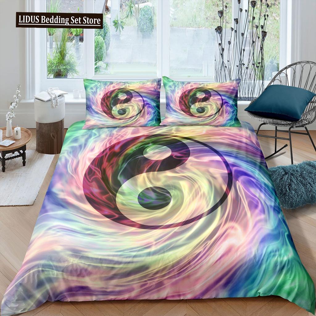 Инь и Ян Госип Полиэстеровый пододеяльник Кинг-сайз Экзотический стиль Абстрактное искусство Китайские традиции Постельное белье Комплект для детей Мальчиков Мужчин