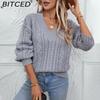 Autumn/Winter Women's Knitted Sweater Loose-fit Pullover Retro Cable-knit V-neck Long-sleeved Solid-colour Jumper