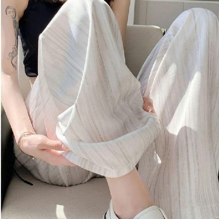 Брюки широкие из ледяного шелка, сатина с принтом тушью, летний тонкий стиль 2025, прохладный плиссированный драпированный дизайн в стиле Ямамото.