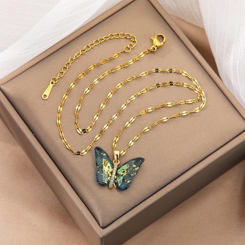 Japanese & Korean Style Gradient Butterfly Zircon Steel Necklace - High-End Non-Fading Women's Clavicle Chain