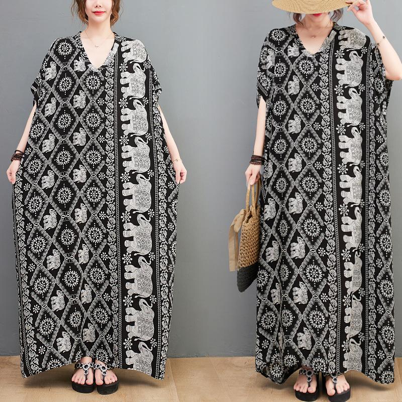 Плюс размер Новое летнее платье Цветочное льняное V-образное вырезное повседневное женское большое повседневное черное платье большого размера