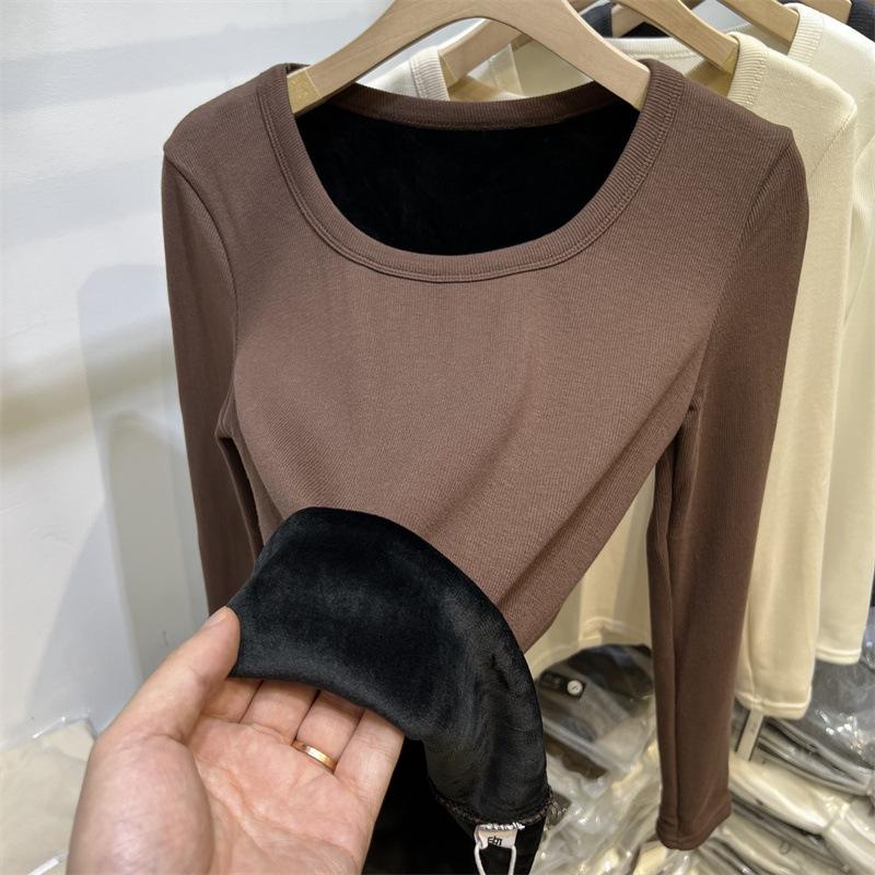 White Velvet Winter Bottoming Shirt for Women, New Style Warm Threaded Long-sleeved T-shirt, Slim Fit Clothes