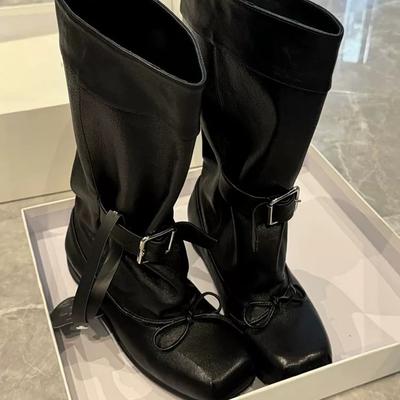 Версия из коровьей кожи~ нишевая пряжка для ремня с бантом, ботильоны-чулки, ботинки, новые осенние широкие западные ботинки