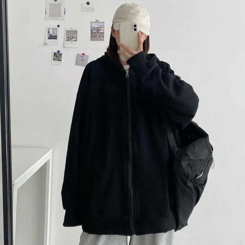 Женская толстовка с капюшоном на молнии, весенне-осенняя корейская версия студенческого стиля, свободный однотонный кардиган с длинными рукавами, тонкое пальто