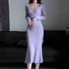 [] Фиолетовое трикотажное платье с V-образным вырезом осень-зима талия рыбий хвост длинное платье облегающее обтягивающее бедра юбка-свитер